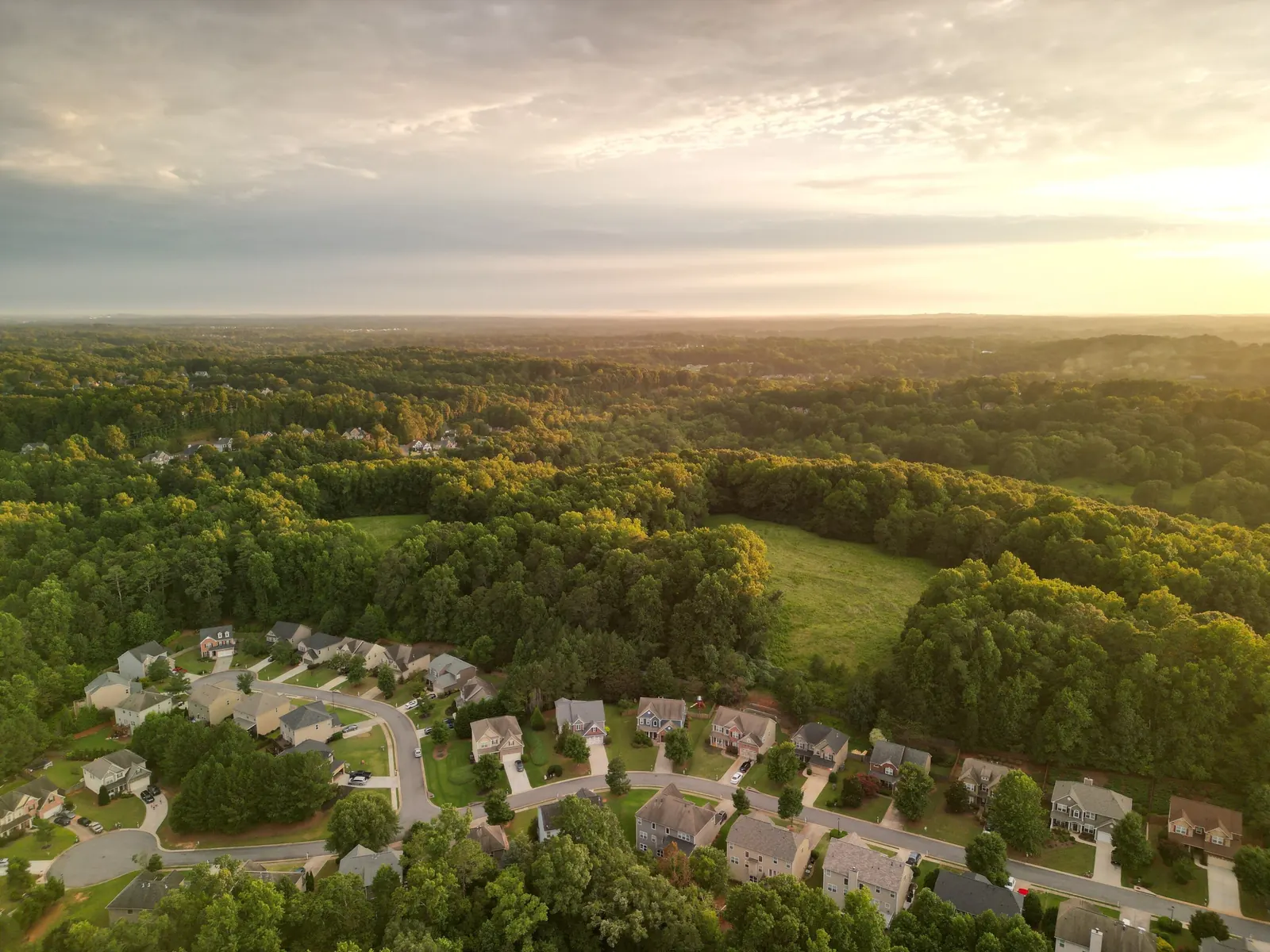 Drone view at golden hour: a curving cul-de-sac subdivision of two-storey homes in the lower third, rolling unbroken green forest and an open meadow beyond, low sun glowing at upper right under a layered cloudy sky. No legible signs.